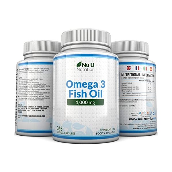 Omega 3 Fish Oil 1000 mg - Huile de Poisson - 365 Gélules - Cure d1 An - Riche en EPA 540mg et DHA 360mg - Compléments alime