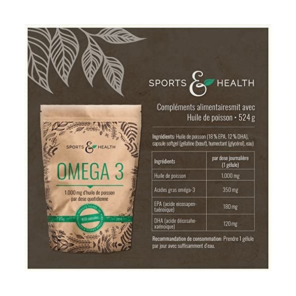 Oméga 3-400 gélules de qualité supérieure - 1000mg dacides gras Oméga 3 par gélule - gélules dhuile de poisson testée en Al