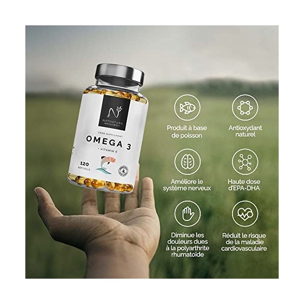 Oméga 3 concentration maximale EPA - DHA. Acides gras oméga 3 2 000 mg + vitamine E à base dhuile de poisson sauvage. 120 