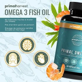 Primal Harvest Huile de Poisson Oméga 3 30 doses - 60 capsules Oméga 3 faciles à avaler - 470 mg dEPA et DHA issus de pois