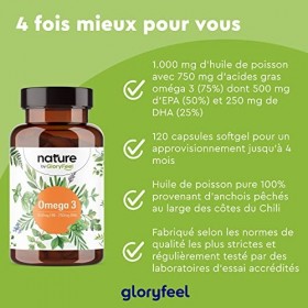Oméga 3 Huile de Poisson Haute Concentration 1000mg, 120 Capsules 4 Mois , 500mg EPA et 250mg DHA, Fish Oil Concentrée Ultra