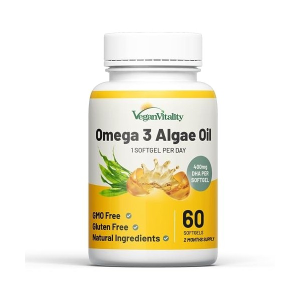 Huile dalgues Omega 3 Vegan 400 mg DHA par capsule, 60 capsules, soit 2 mois dhuile vegetale. Remplace huile de foie de mor