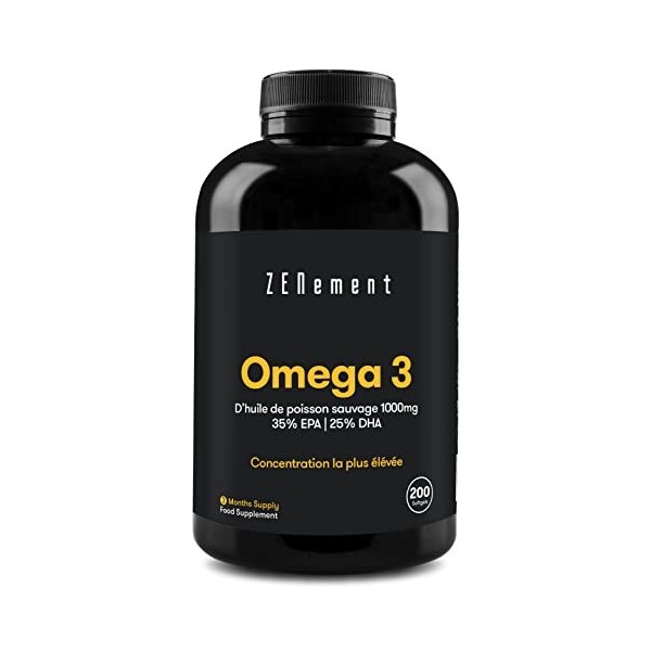 Oméga 3 Huile de Poissons Sauvages 2000 mg, Haute Concentration 700 mg EPA et 500 mg DHA et Vitamine E | Fish Oil Pure Super 