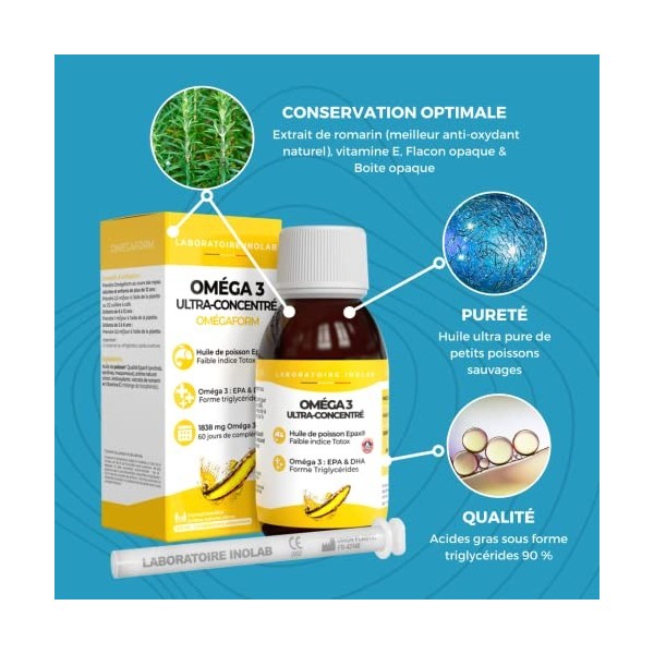 Omega 3 Huile poisson sauvage 2297mg ultra concentrée DHA EPA/Format Economique/Enfants & adultes Pipette graduée 2 à 10 mo