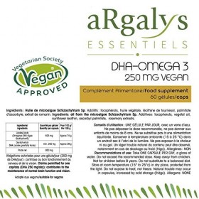 Omega 3 DHA | Huile d’algues - Naturel - Ultra Pure | Vegan | 60 capsules | 250 mg DHA/Capsule | Fabriqué en France | Argalys