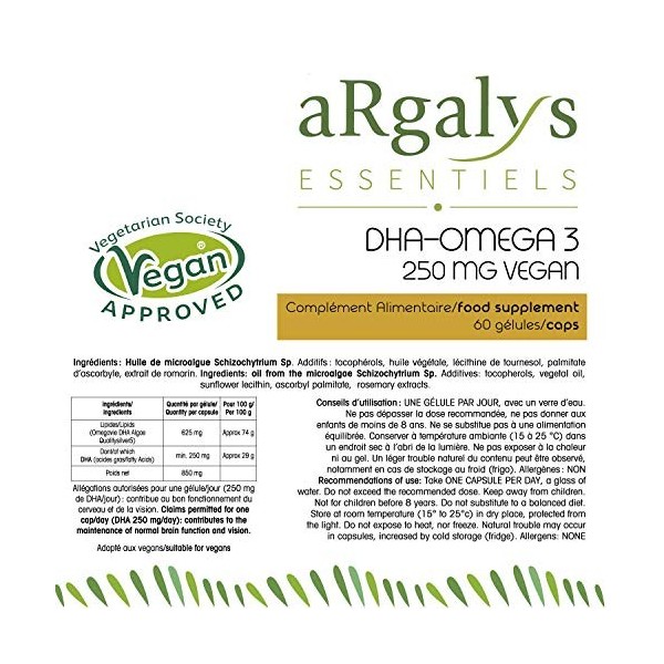 Omega 3 DHA | Huile d’algues - Naturel - Ultra Pure | Vegan | 60 capsules | 250 mg DHA/Capsule | Fabriqué en France | Argalys