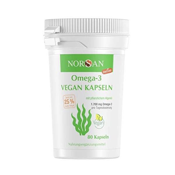 NORSAN Premium Omega 3 Vegan Capsules haute dose - 1700 mg dOmega-3 par dose quotidienne - 4000 médecins recommandent NORSAN