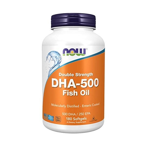 Now Foods, DHA-500, Double Force, 180 Gélules, Testé en Laboratoire, Huile de Poisson, EPA, Vitamine E, Sans Gluten, Sans OGM