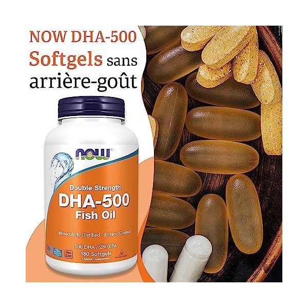 Now Foods, DHA-500, Double Force, 180 Gélules, Testé en Laboratoire, Huile de Poisson, EPA, Vitamine E, Sans Gluten, Sans OGM