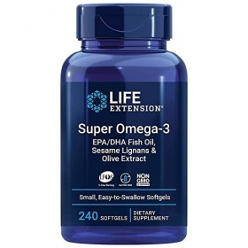 Life Extension, Super Omega-3, avec Huile de Poisson et Acides Gras Essentiels, Hautement Dosé, 240 Capsules molles, Testé en
