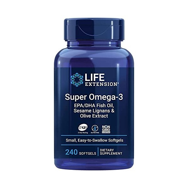 Life Extension, Super Omega-3, avec Huile de Poisson et Acides Gras Essentiels, Hautement Dosé, 240 Capsules molles, Testé en