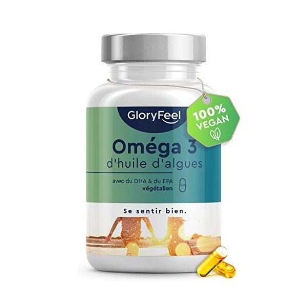 Omega 3 Vegan 1440mg par Dose Quotidienne dHuile dAlgues, Concentrée d’Acides Gras avec 432mg de DHA et 216mg dEPA, Cont