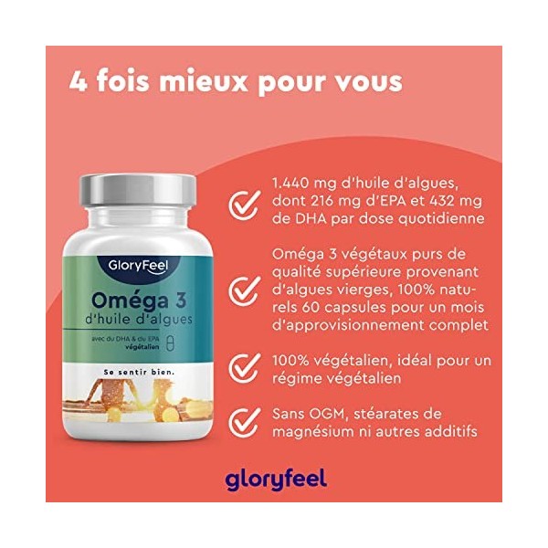 Omega 3 Vegan 1440mg par Dose Quotidienne dHuile dAlgues, Concentrée d’Acides Gras avec 432mg de DHA et 216mg dEPA, Cont