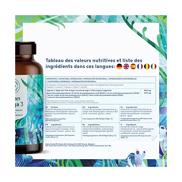 Oméga 3 vegan, pure & essentielle - 80 gélules - 1000 mg huile dalgues - DHA acides gras végétaux – Complément alimentaire f