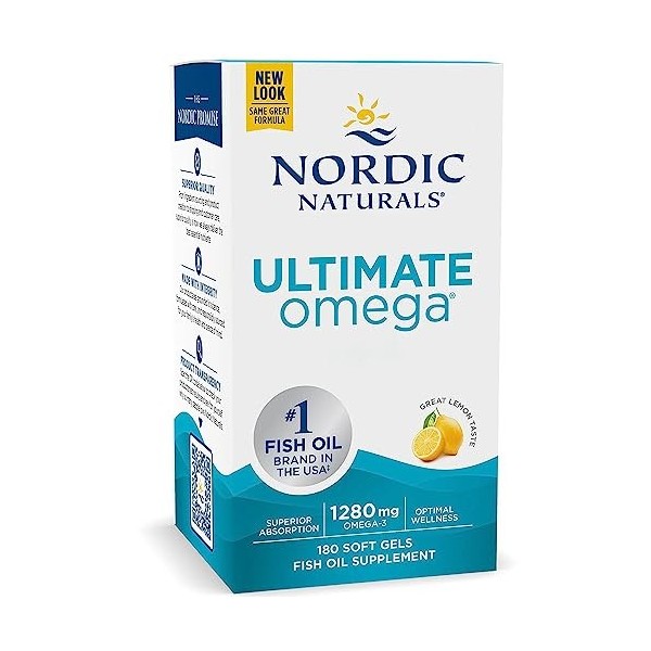 Nordic Naturals, Ultimate Omega-3, 1280mg, avec EPA et DHA, Haute Dosé, Goût Citron, 180 Capsules molles, Testé en Laboratoir