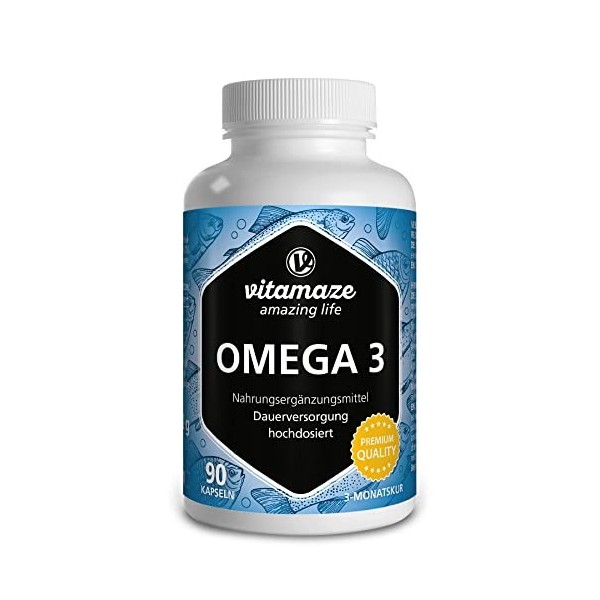 OMEGA 3 DHA EPA - 1000 mg par 1 Gélule, Dhuile de Poisson pure avec 400 mg 40% dEPA et 300 mg 30% de DHA pour 3 Mois, F