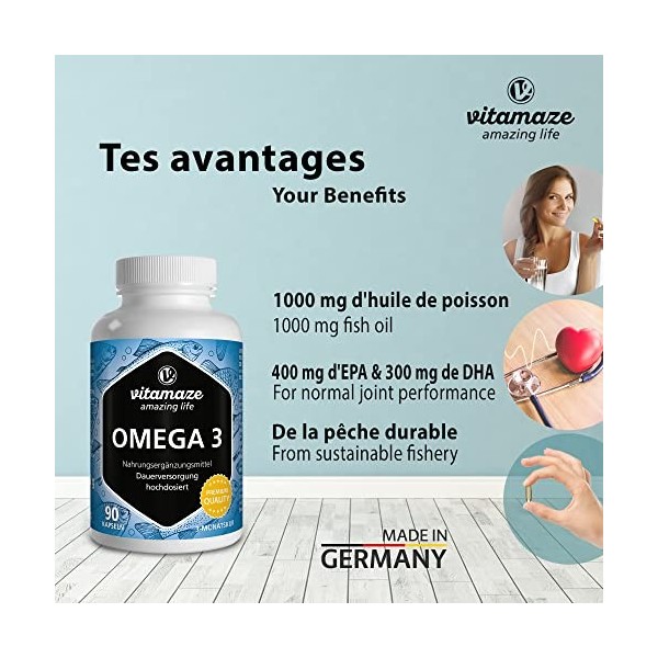 OMEGA 3 DHA EPA - 1000 mg par 1 Gélule, Dhuile de Poisson pure avec 400 mg 40% dEPA et 300 mg 30% de DHA pour 3 Mois, F