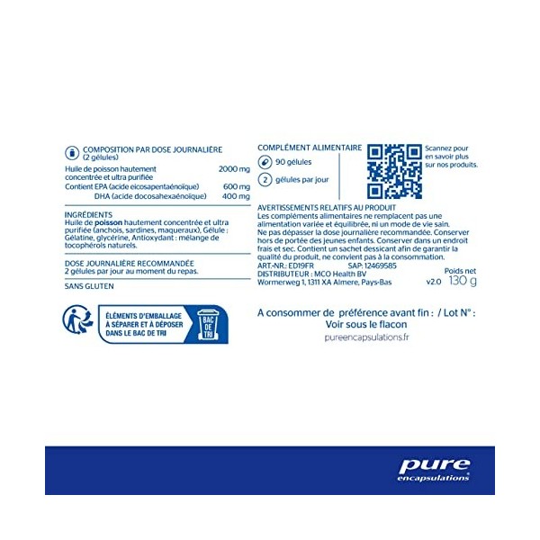 Pure Encapsulations - EPA/DHA Essentiels - Acides Gras Oméga 3 1000mg - Huile de Poisson Hautement Concentrée, Microfiltrée &