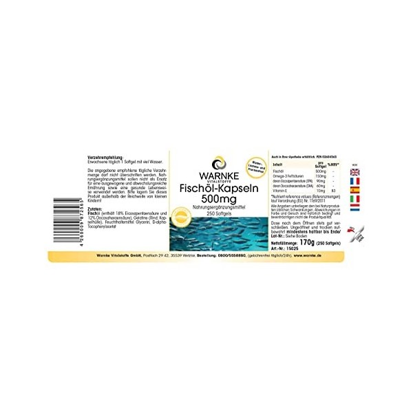 Gélules dHuile de Poisson 500 mg - 250 gélules molles - 30% domega-3 EPA et DHA | Warnke Vitalstoffe