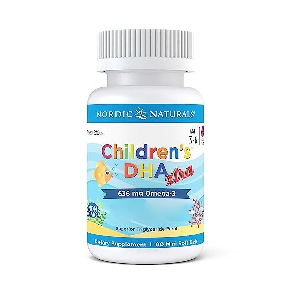 Nordic Naturals, Childrens DHA Xtra, 636mg dOméga-3, avec EPA et DHA, 90 Capsules molles, Testé en Laboratoire, Végétarien,