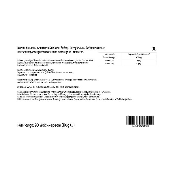 Nordic Naturals, Childrens DHA Xtra, 636mg dOméga-3, avec EPA et DHA, 90 Capsules molles, Testé en Laboratoire, Végétarien,