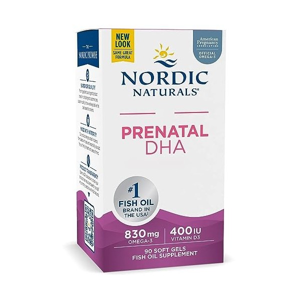 Nordic Naturals Prenatal DHA, 830mg doméga-3 avec EPA et DHA, Hautement dosé, Goût neutre, 90 Capsules molles, Testé en Labo