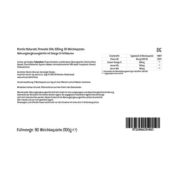 Nordic Naturals Prenatal DHA, 830mg doméga-3 avec EPA et DHA, Hautement dosé, Goût neutre, 90 Capsules molles, Testé en Labo