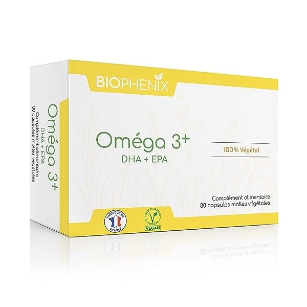 Biophénix Oméga 3+ 30 capsules molles végétales - Vegan, 100% végétal d’origine marine - Oméga-3 EPA & Oméga-3 DHA - Mémoire,