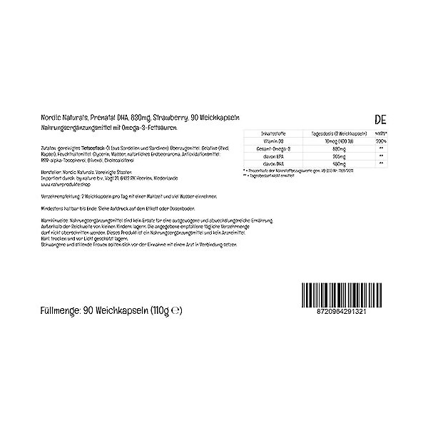 Nordic Naturals, Prenatal DHA, 830mg dOméga-3 avec EPA et DHA, Haute Dosé, Goût Fraise, 90 Capsules molles, Testé en Laborat