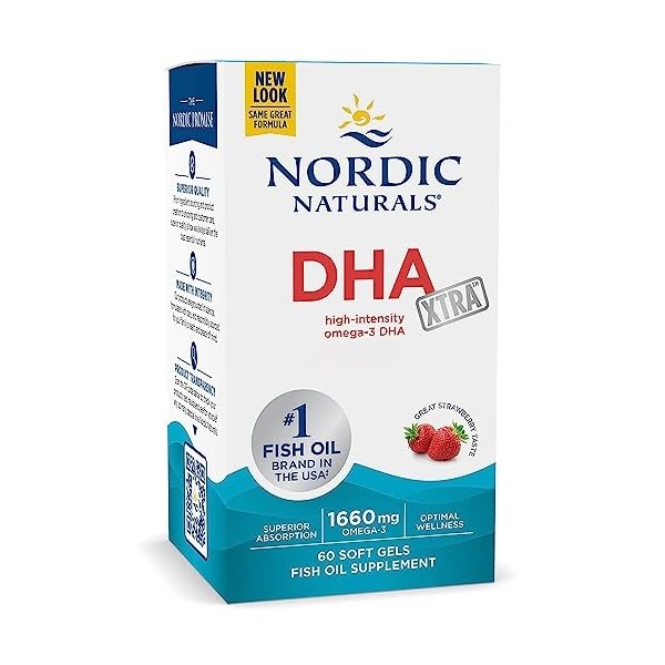 Nordic Naturals, DHA Xtra, 1660mg dOméga-3, Huile de Poisson avec EPA et DHA, Goût Fraise, 60 Capsules molles, Testé en Labo