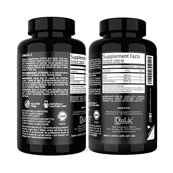 Oméga 3 2000 mg dhuile de poisson Dulàc, 610 mg dEPAX et de DHA, 240 gélules avec vitamine E, Made in Italy