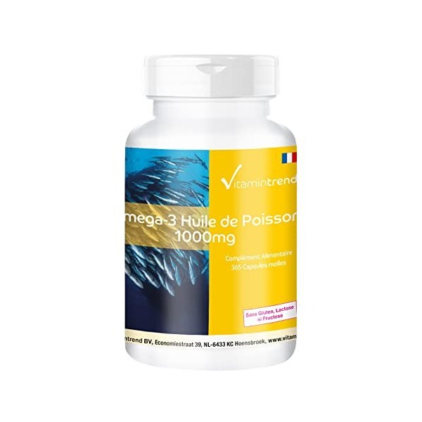 Huile de poisson oméga-3 1000mg - 365 softgels pour 1 an, 18% acide eicosapentaénoïque EPA et 12% acide docosahexaénoïque DHA