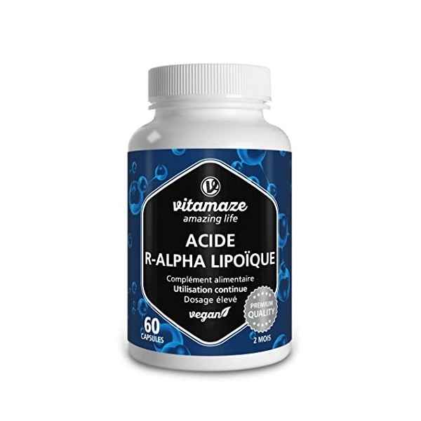 Acide Alpha-Lipoïque à Haute Dose, 200 mg par Capsule, Vegan, 60 Gelules pour 2 Mois, Forme Naturelle DAcide Thioctique, Com