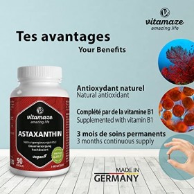 Astaxanthine avec Thiamine pour 3 Mois - 4mg Pure Astaxanthine a partir de Algues Haematococcus - Naturelle et Vegan en Poudr