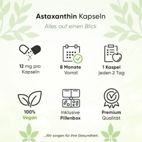 BIOTARY Astaxanthin 12 mg 120 gélules de gel doux avec vitamine E, avec boîte à pilules 8 mois de stockage,