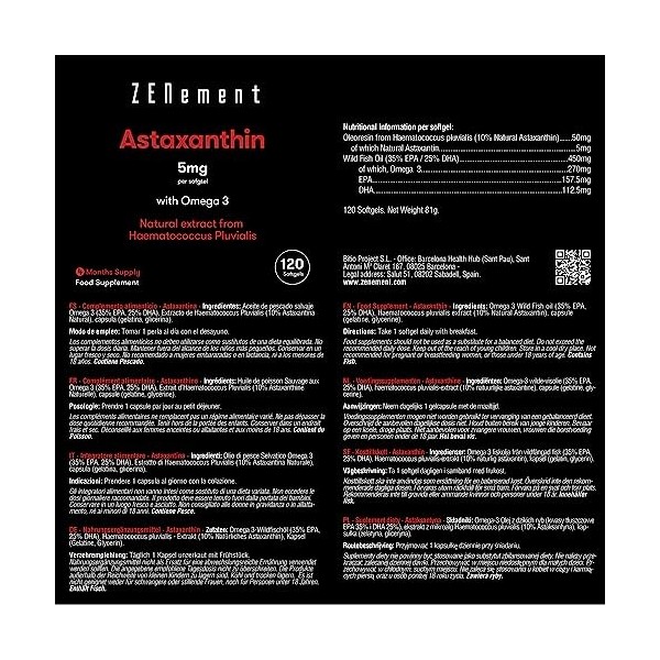Astaxanthine, 5 mg avec des Oméga 3, 120 Capsules | Naturel | Puissant Antioxydant | Ingrédients 100% Naturels, Sans Additif,