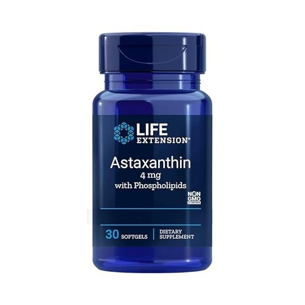 Life Extension Astaxanthine, 4mg, avec Phospholipides, 30 Capsules molles, Testé en Laboratoire, Sans Gluten, Sans Soja, Sans