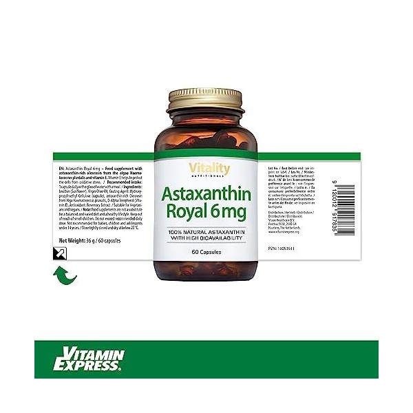 Astaxanthine, 6 mg en gélules pour aider à lutter contre loxydation. Microalgues avec Bêta-carotène, Lutéine, Vitamine E. An