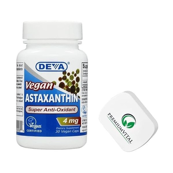 PremiumVital, Deva, Vegan Astaxanthine, 4mg, de Haematococcus pluvialis, 30 Capsules végétaliennes, avec Pilulier Pratique, T