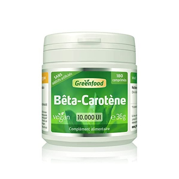 Greenfood Bêta-carotène 10.000 UI, 180 comprimés, Sans additifs artificiels. Sans OGM.Sans lactose. Sans gluten. Vegan.