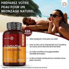 Bêta-Carotène Autobronzant, 120 Comprimés Vegan - Préparation Bronzage Avec Vitamine A, Vitamine B2, Vitamine B3, Zinc et Iod