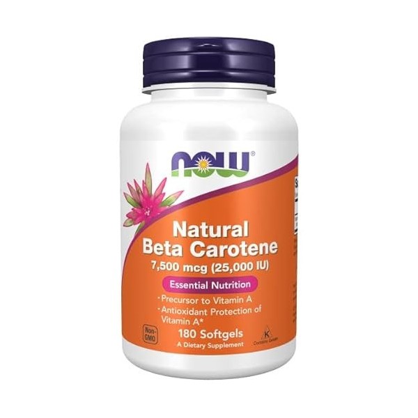 Now Foods, Natural Beta Carotene Bêta-Carotène Naturel , 25.000IU 7.500mcg , 180 Capsules molles, Provitamine A, Testé en L