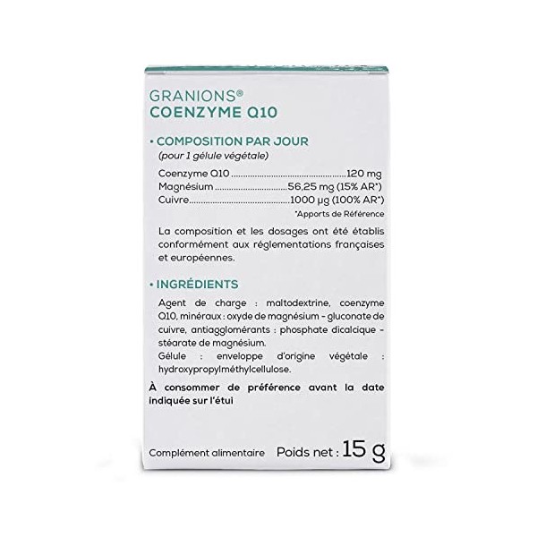 Coenzyme Q10 GRANIONS | Complément alimentaire peau | Coenzyme Q10 120mg avec Magnésium + Cuivre | Peau nette, acne, anti oxy