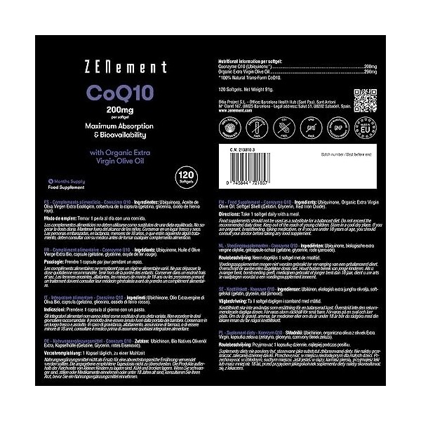 Coenzyme Q10 200 mg | 120 Capsules de CoQ10 pour 4 Mois | Contient 100% Ubiquinone avec Huile dOlive Vierge Extra Biologique