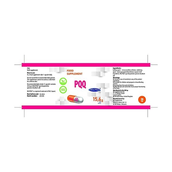 PQQ Pyrroloquinoline Quinone 20mg 60 Vegan Capsules, Certificat danalyse par AGROLAB Allemagne, Haute puissance, sans glut