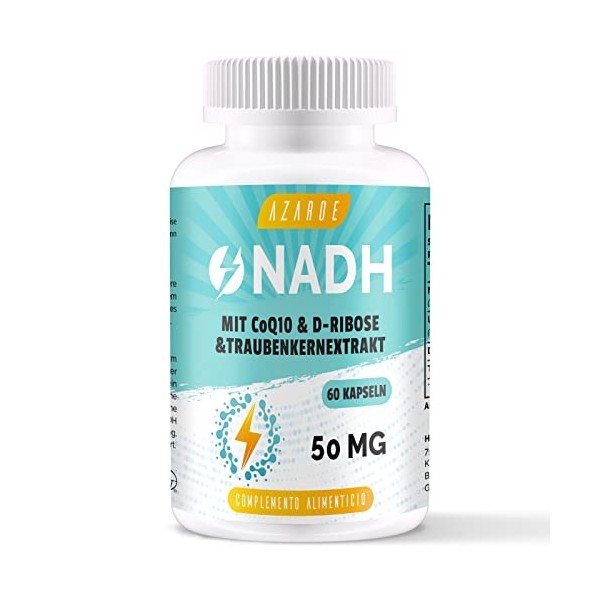 NADH 50 mg, Formule Avancée avec CoQ10, Végétalien, Haute Résistance, Améliore lénergie Cellulaire, Production dATP, Suppor