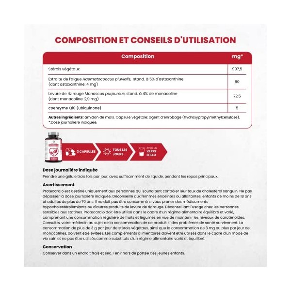 Protecardio - Aide à réguler le taux de cholestérol. Stérols Végétaux Phytostérols , Levure de Riz Rouge Monacoline K , Ast
