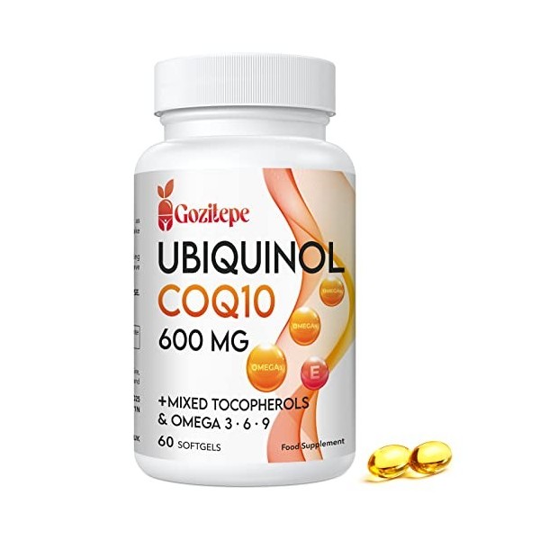 Ubiquinol CoQ10 600 mg cápsulas blandas con Omega 3, 6, 9 y vitamina E, 30 raciones Suplemento de coenzima Q10 para una mayor