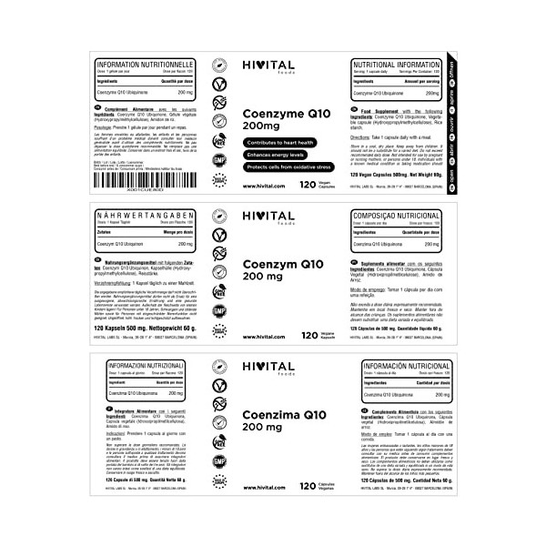 Coenzyme Q10 200 mg. 120 gélules végétaliennes pour 4 mois de traitement. CoQ10 Ubiquinone 100% Naturelle. Améliore la santé 