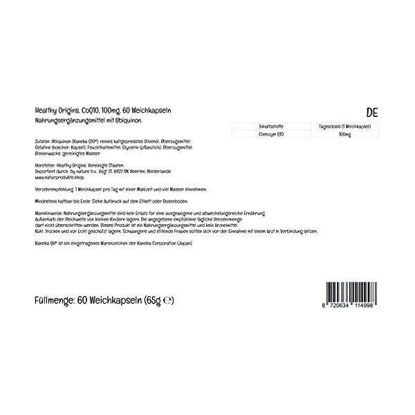 Healthy Origins, Natural CoQ10 avec Kaneka QH, 100mg, Fortement Dosé, 60 Capsules molles, Testé en Laboratoire, Sans Gluten, 